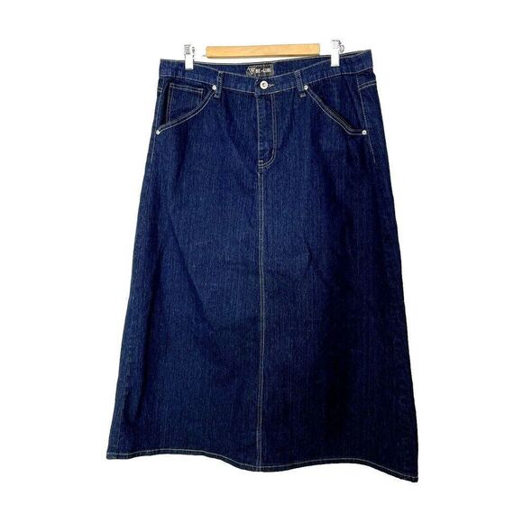 Midi Denim Skirt Size XL Y2K Dark Blue Be-Girl Embroidery Flap Pockets Modest - Picture 1 of 8